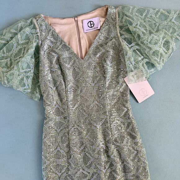 NWT JS Collections Sequin V-Neck Cape Gown Metallic Lace Light Blue Formal Dress - Picture 5 of 8